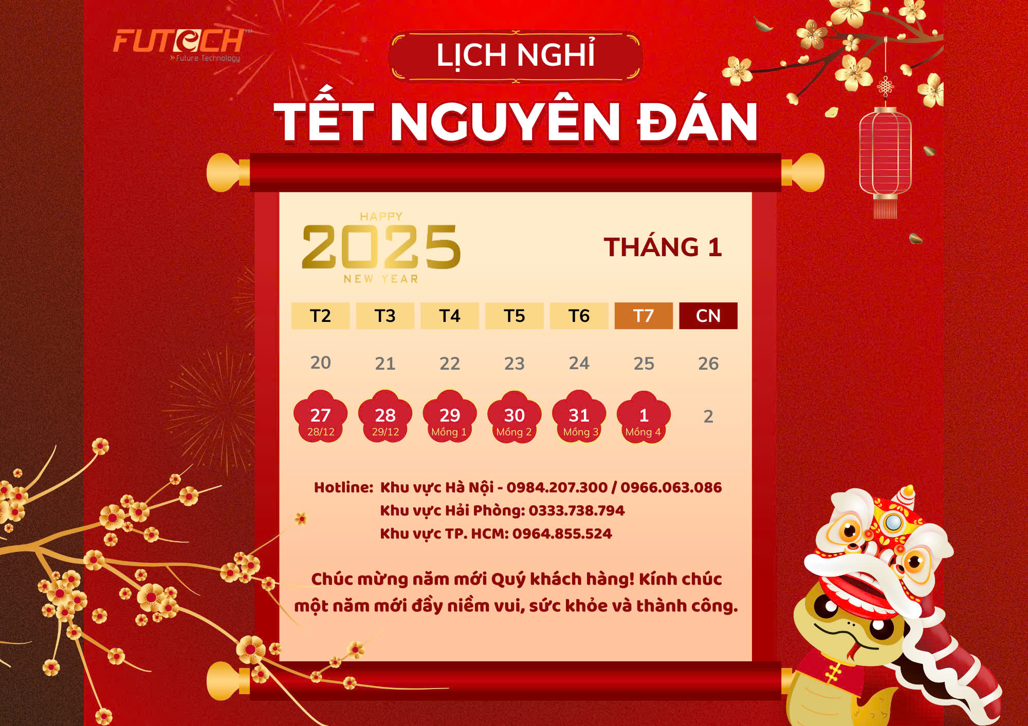 THÔNG BÁO LỊCH NGHỈ & LỊCH TRỰC TẾT NGUYÊN ĐÁN 2025